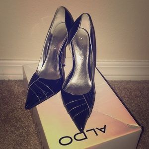 Patent black and silver heels